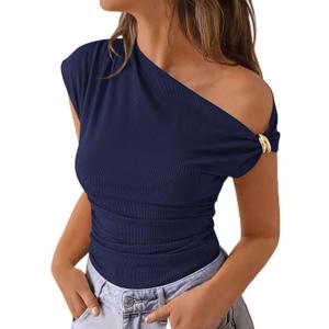 PRETTYGARDEN Womens Summer Off The Shoulder Crop Tops Ribbed Going Out Fitting T Shirts Trendy Spring Y2k Clothes 2026 (Blue, M)