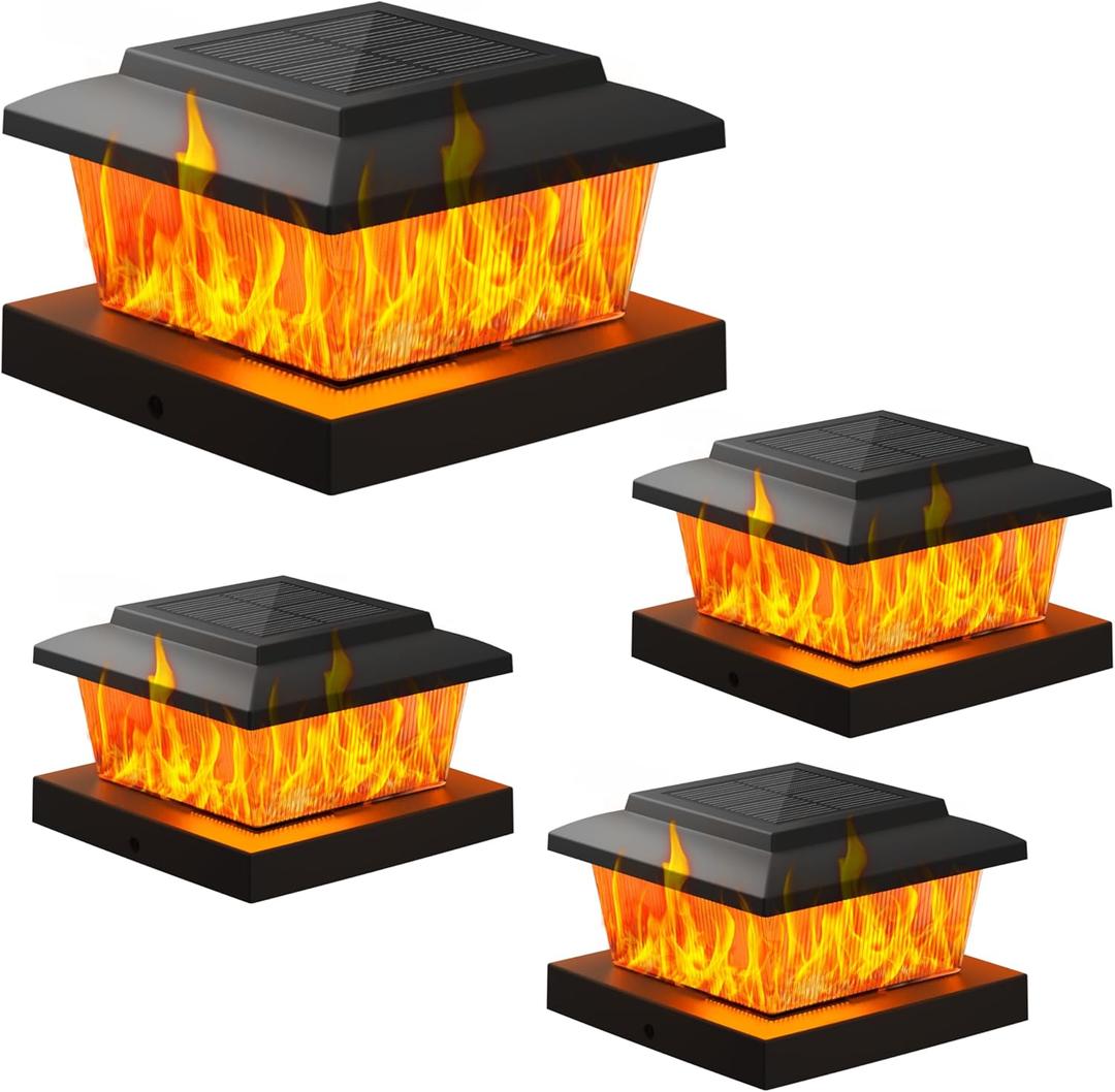 VOLISUN Solar Fence Post Lights 4pack, Black Solar Deck Post Cap Flame Light Outdoor Waterproof, High Brightness Flickering Flame SMD LED Lighting, for 4x4 Wooden/4x4 Vinyl Post