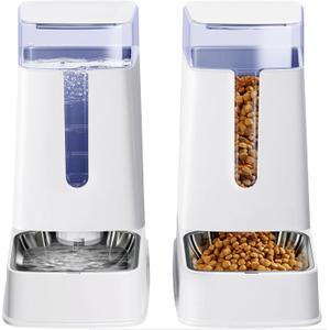 Cat Food Dispenser and Cat Water Dispenser Set with Stainless Steel Bowls Gravity Dog Feeder for Small Medium Big Cat Dog Pet Puppy Kitten, 1 Gallon x 2