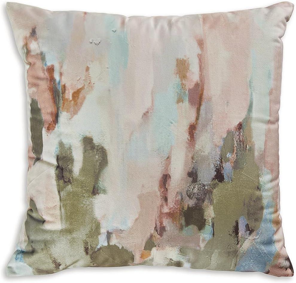 Signature Design by Ashley Lauretwood Contemporary Machine Washable Astract Watercolor Design Accent Pillow with Zipper Closure, Pink & Green, Square