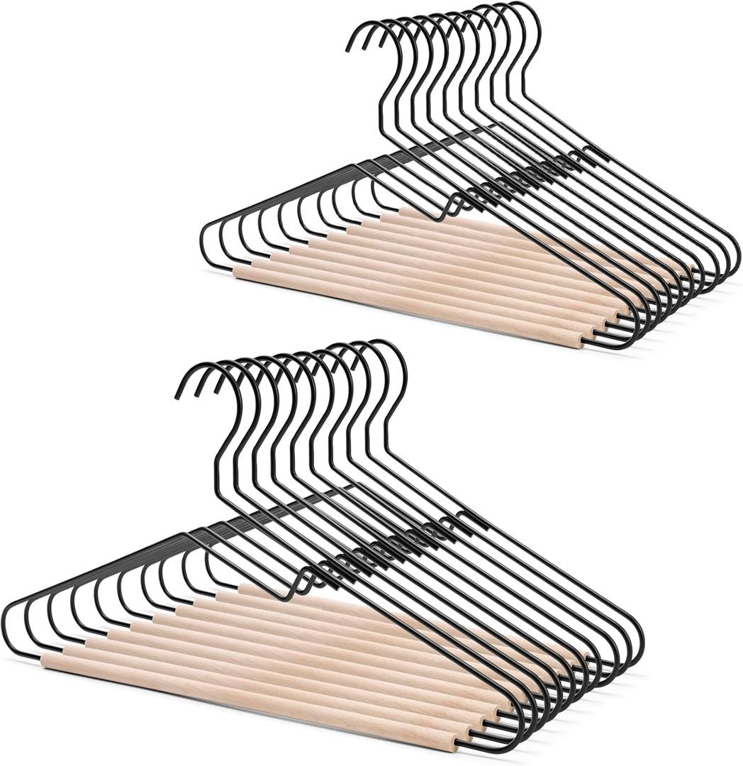 Nature Smile Premium Black Matt Metal Suit Clothes Hanger 20 Pack with a Smooth Beech Wood Pants Bar,Unique Coat Hanger Dress Hanger Shirt Hanger
