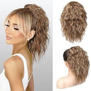 SEIKEA Ponytail Extension, 14" Short Wavy Drawstring Ponytail Lightweight Multi Layered Fake Pony Tails Hair Extensions Natural Soft Clip in Hair Extensions Ponytail Dark Blonde to Light Blonde