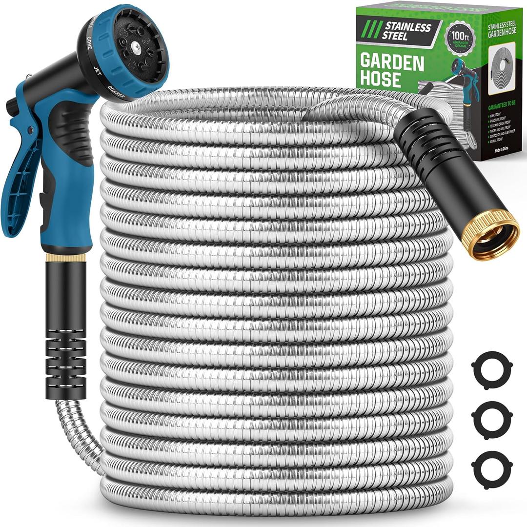 Garden Hose 100FT, Water Hose with 10 Function Nozzle, Garden Hose Metal with Leak-proof Connectors, No-Kink, Lightweight, Puncture-proof, Pet-proof, Sturdy, 550PSI, Hose for Outdoor, Yard