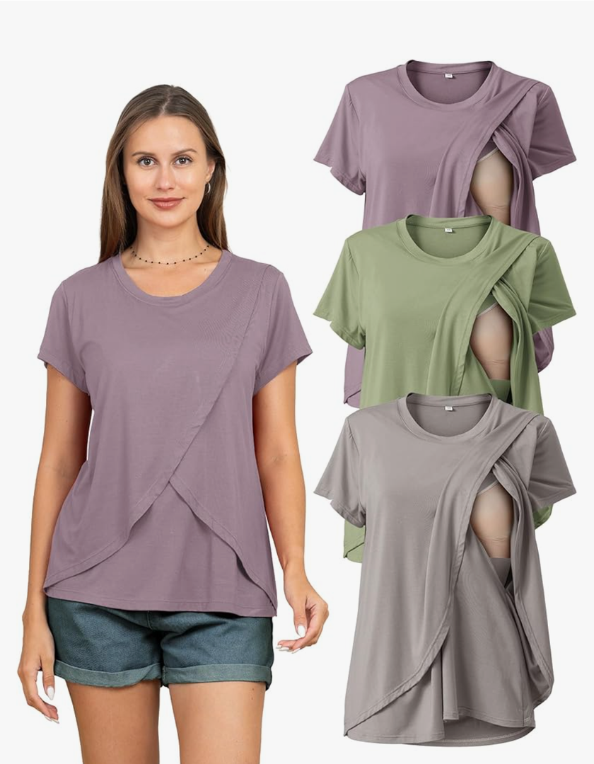Rnxrbb 3 Pack Women's Nursing Tops for Breastfeeding Summer Short Sleeve T Shirts Postpartum Double Layer Clothes, Size L
