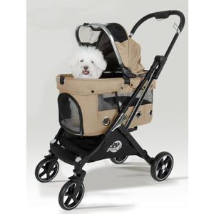 JK Pawadore 4 Wheels Pet Stroller Best Lightweight Foldable Portable Secure Easy Lock NO-Zip 180 ̊ Canopy Sun Shades Waterproof for Small/Medium Dogs 33lbs with Large Storage Basket (Khaki)