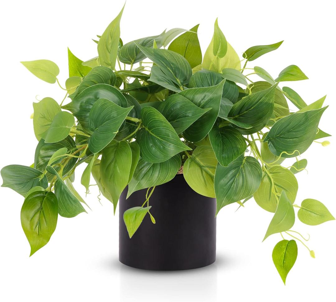 JPSOR Artificial Indoor Plants for Home Decor, 12 inches Pothos in Black Ceramic Pot with Iron Wire, 1 Count