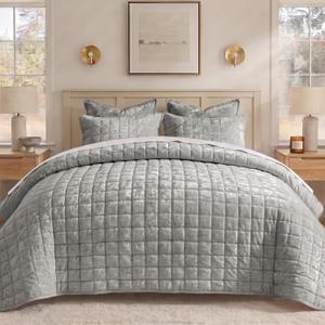 BEDELITE Velvet Quilt Set King Size, Luxury Velvet Comforter Bedding Color: Shiny Light Grey