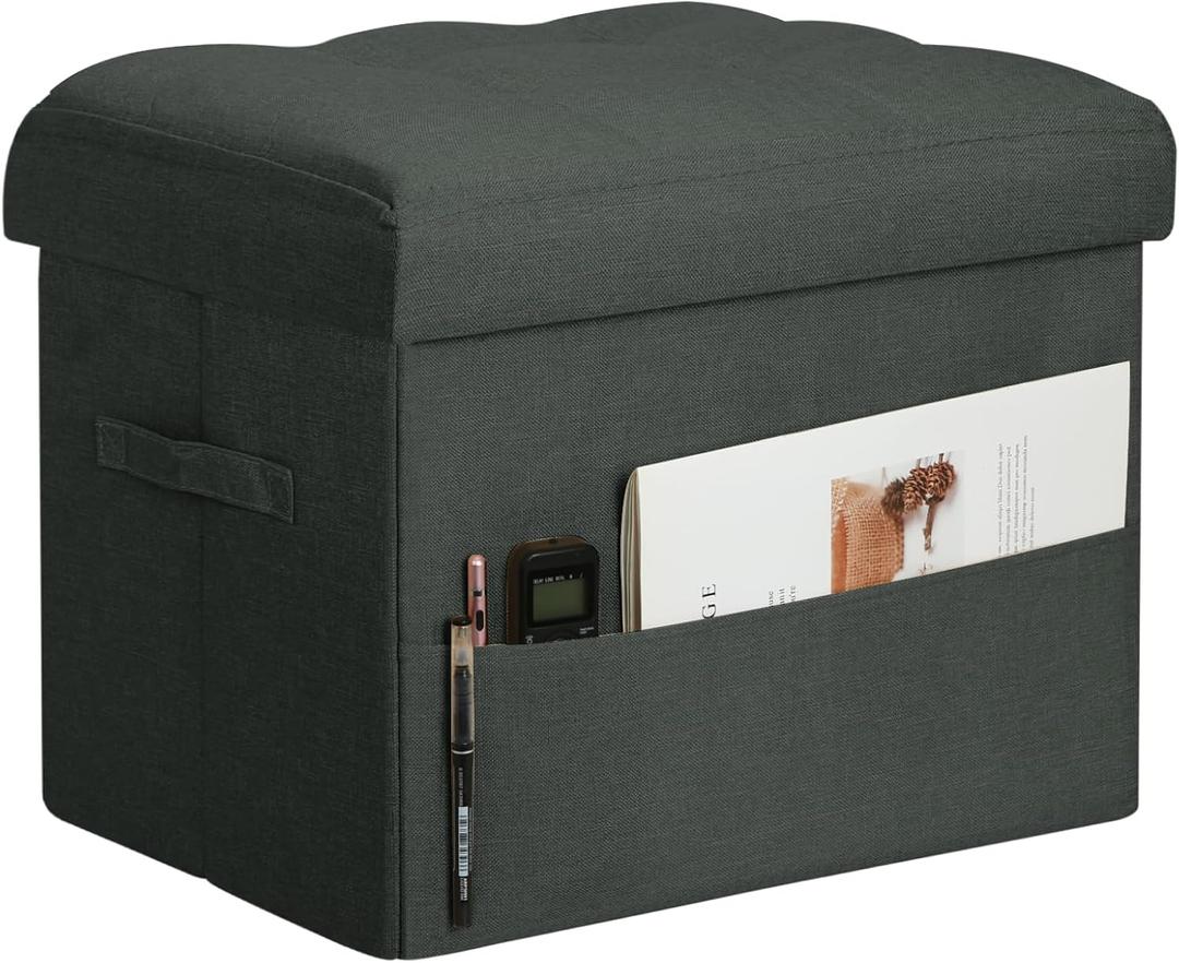Small Ottoman with Storage, Foldable Ottoman Foot Rest Stool with Thicker Foam Padded Seat. Linen Storage Bench for Bedroom Living Room, Holds Up to 300 lbs, 17x13x13IN(Black Green)