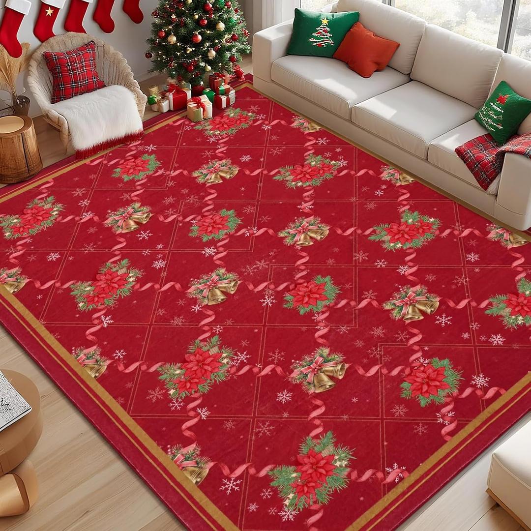 Yinhua Christmas 5x7 Area Rugs, Washable Rugs for Living Room, Grid Non-Slip Rug for Bedoom Christmas Large Area Rug Red Diamond Soft Floor Carpet for Dining Room Holiday Xmas Decorations