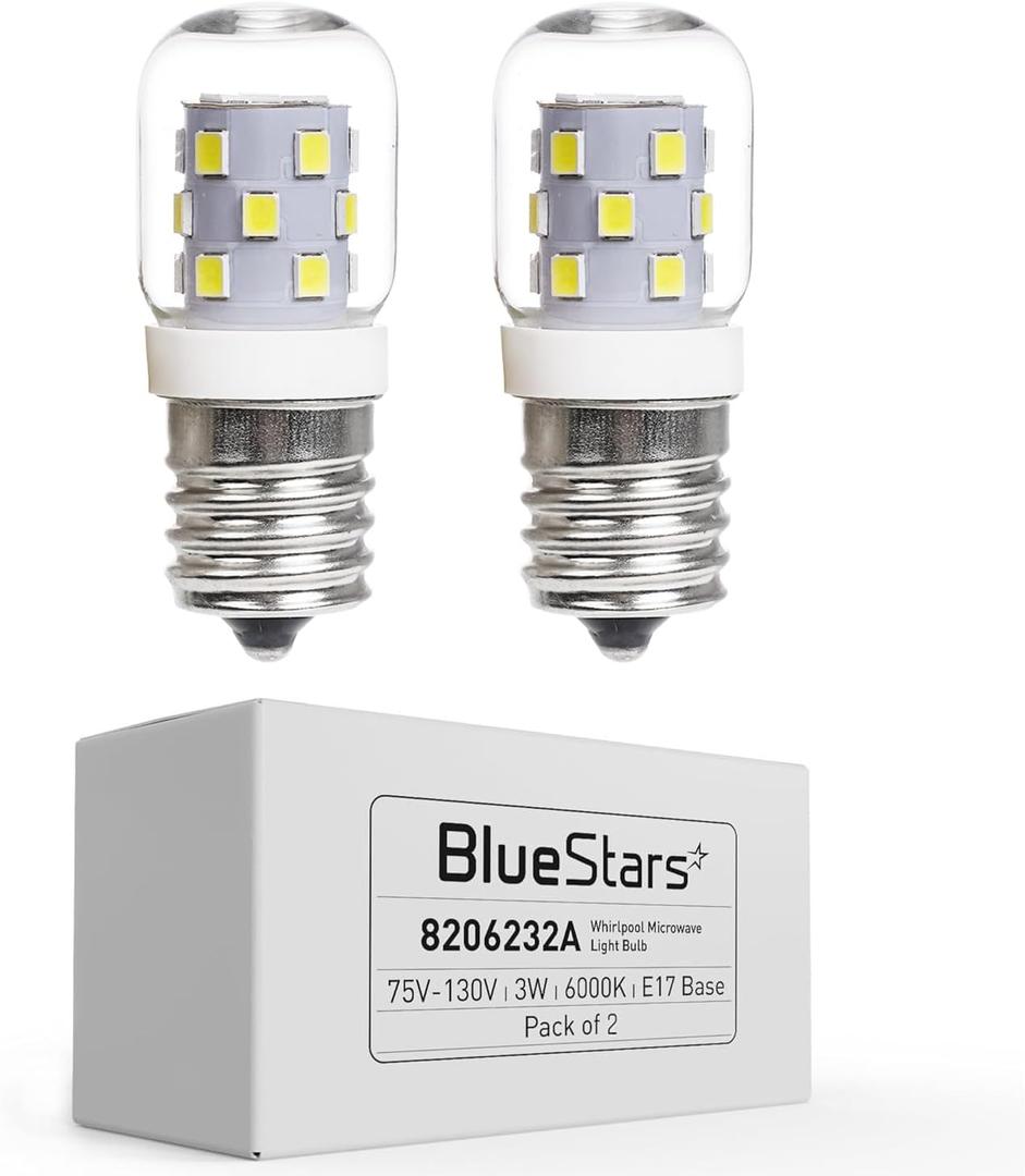 BlueStars Upgraded 8206232A 3W E17 Base Microwave LED Bulb Dimmable, 6000K Cold Daylight, 40W Incandescent Equivalent, 110V-130V 240 lumens for Refrigerator Range Hood Microwave, 2 Packs