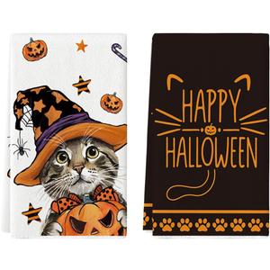 Artoid Mode Pumpkin Cat Happy Halloween Kitchen Towels Dish Towels, 18x26 Inch Spider Web Jack-O'-Lantern Decoration Hand Towels Set of 2