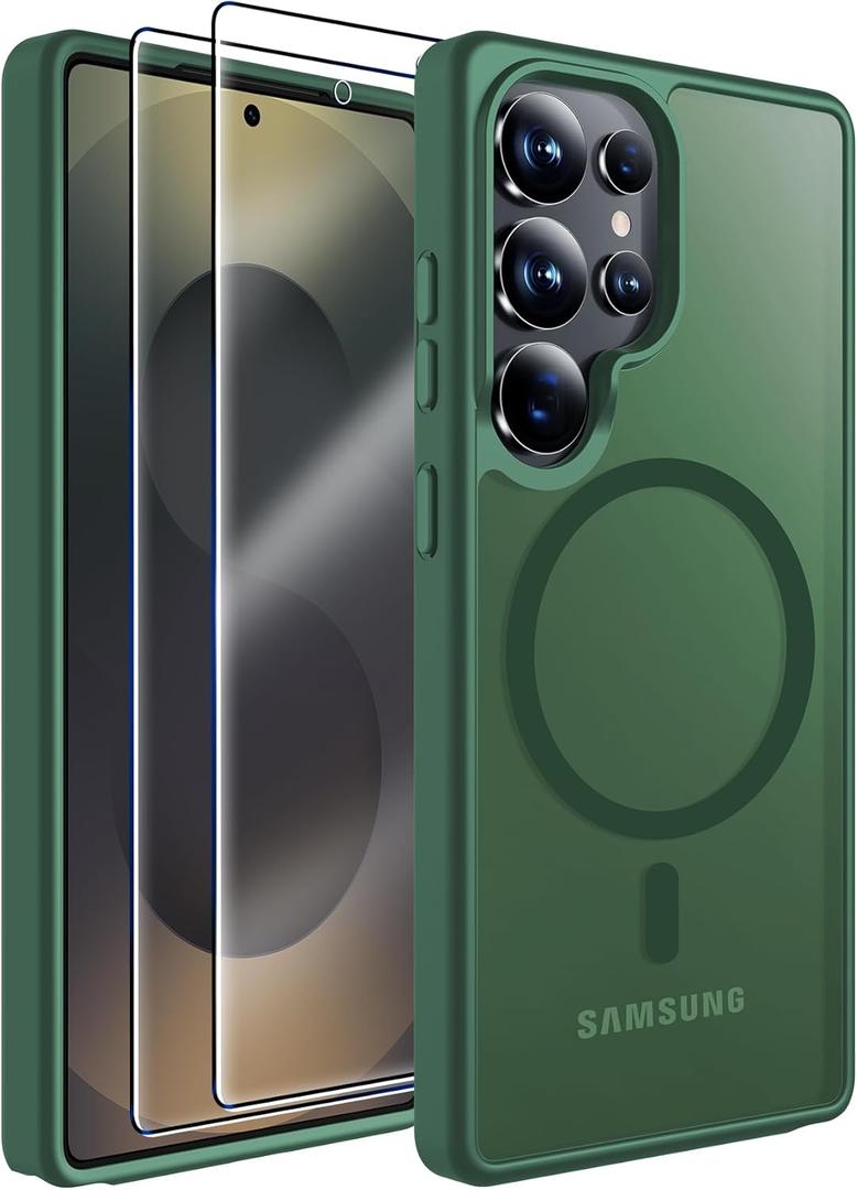 MOZOTER for Samsung Galaxy S25 Ultra Case with Magnetic,[Compatible with MagSafe][12Ft Military Dropproof][2*Screen Protector] Translucent Anti-Slip Back Slim Shockproof Case for S25 Ultra-Green