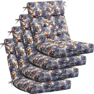 Barydat 4 Pcs Tufted High Back Chair Cushion Indoor Outdoor Seat and Back Cushions Palm Leaves Tropical Plants Lawn Rocking Chair Pads with Ties for Adirondack Patio Garden(Brown Blue)