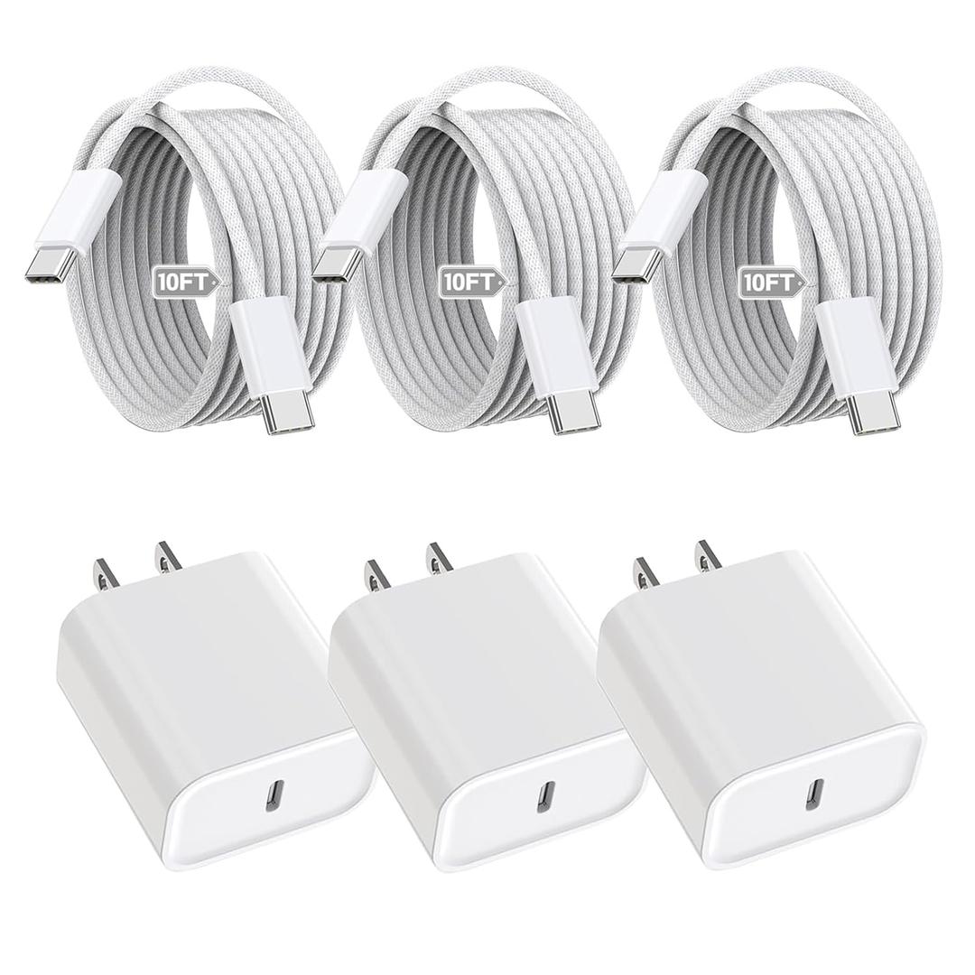 iPhone 16 15 Charger Fast Charging,3Pack 20W Fast Charging USB C Charger with 10Foot Long Type C to C Cable Cord TypeC Block Brick for iPhone 17/16e/16/16Pro/16 Plus/16 ProMax/15 Pro,iPad Air/Pro/Mini (Woven)