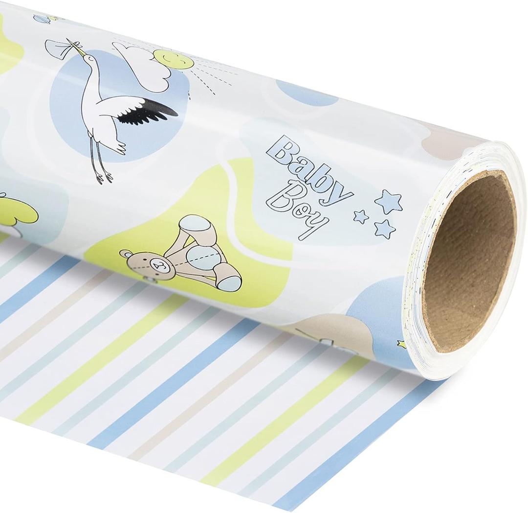 WRAPAHOLIC 30 Inch Reversible Wrapping Paper - 24 inch X 65.6 feet Jumbo Roll Baby Boy Design, Perfect for Kids Birthday, Party, Holiday, Baby Shower Packing, 24 x 787 Inch