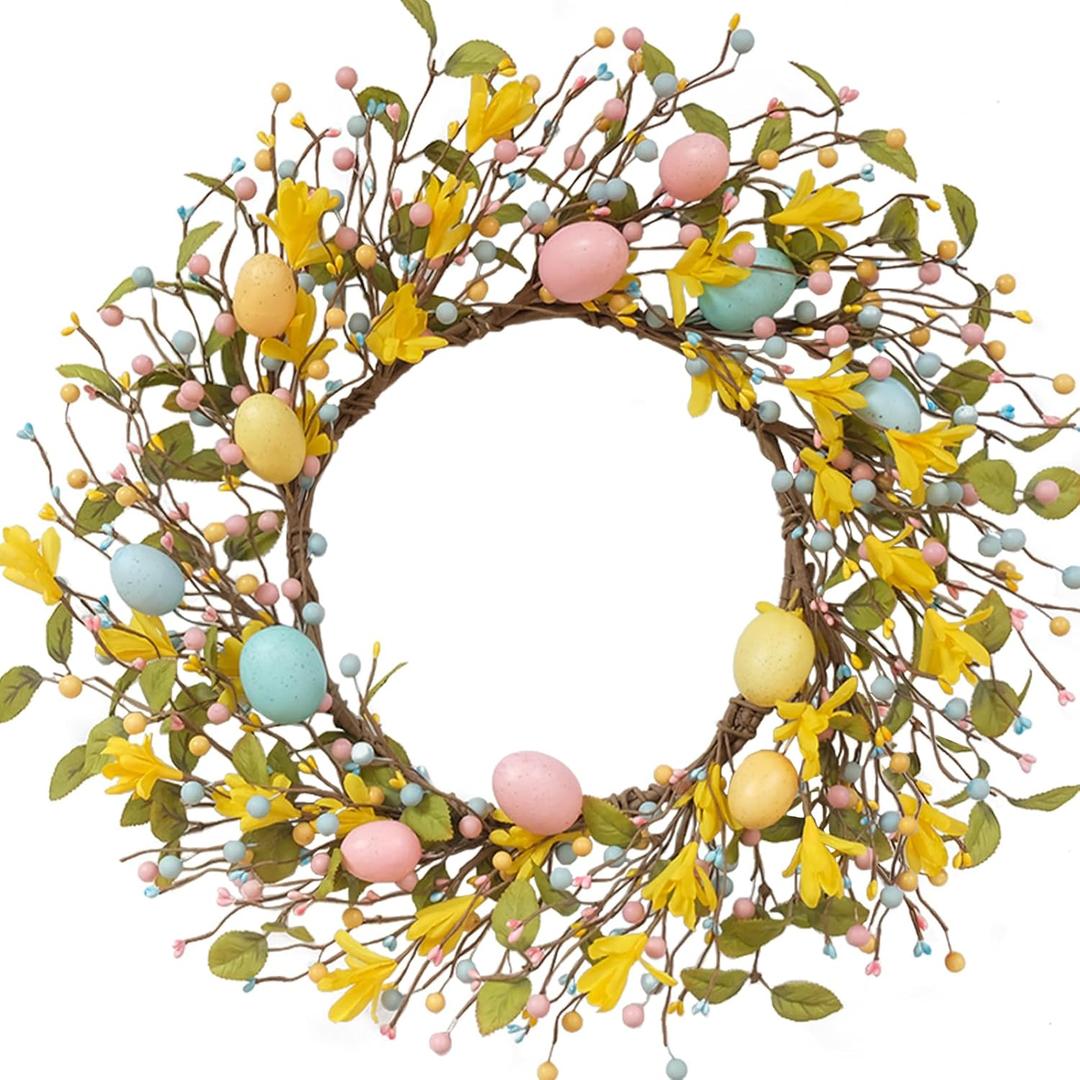 TEMPUS 20" Easter Wreath for Window Mantel Indoor - Natural Willow with Yellow Forsythia & Pastel Eggs - Spring Decor for Apartment Interior Door
