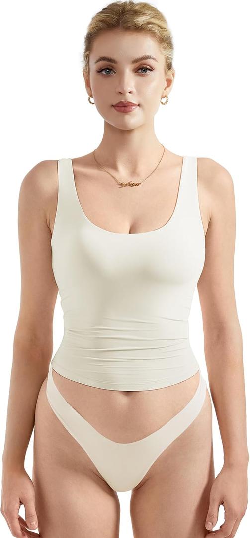 SUUKSESS Women Scoop Neck Tank Top Summer Sleeveless Going Out Double Lined Basic Tops (X-Small, 01 White)