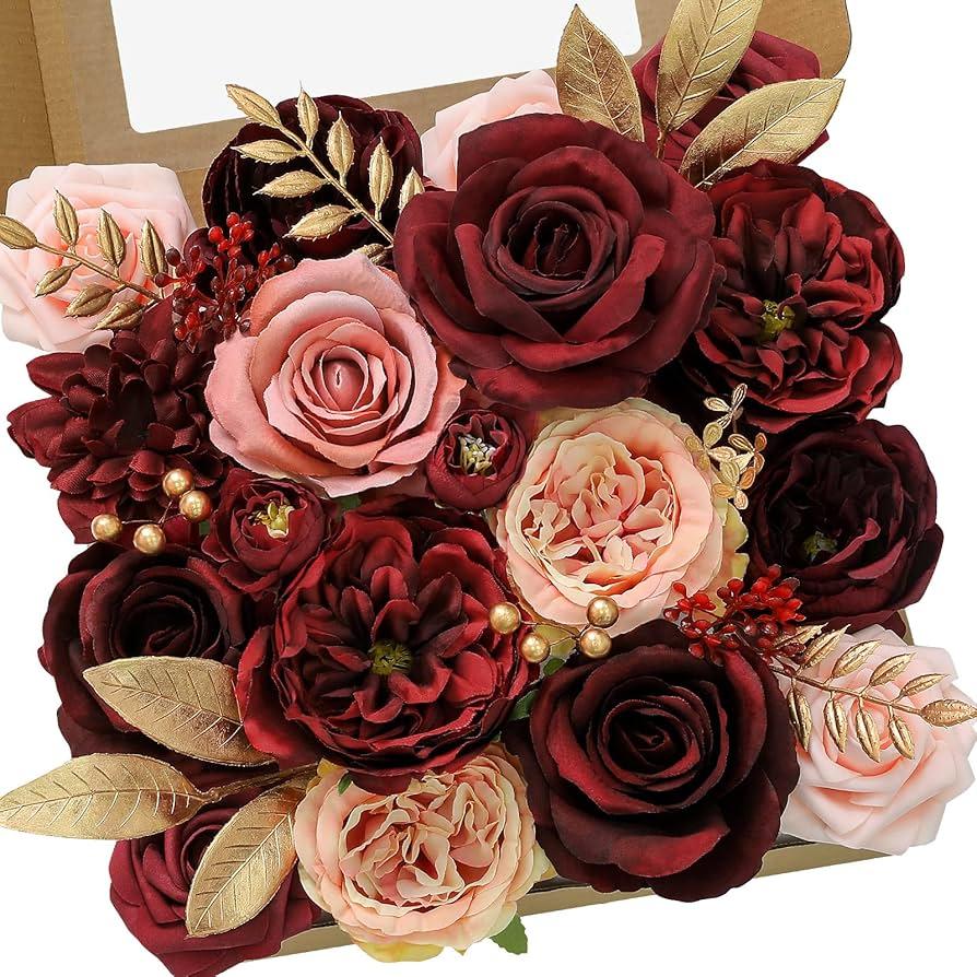 Serwalin Artificial Flowers, Burgundy Pink Flowers Fake Silk Flowers for DIY Wedding Bridal Bouquets, Wedding Cake Flowers for Table Centerpieces Bridal Shower Birthday Party Home Fall Decor