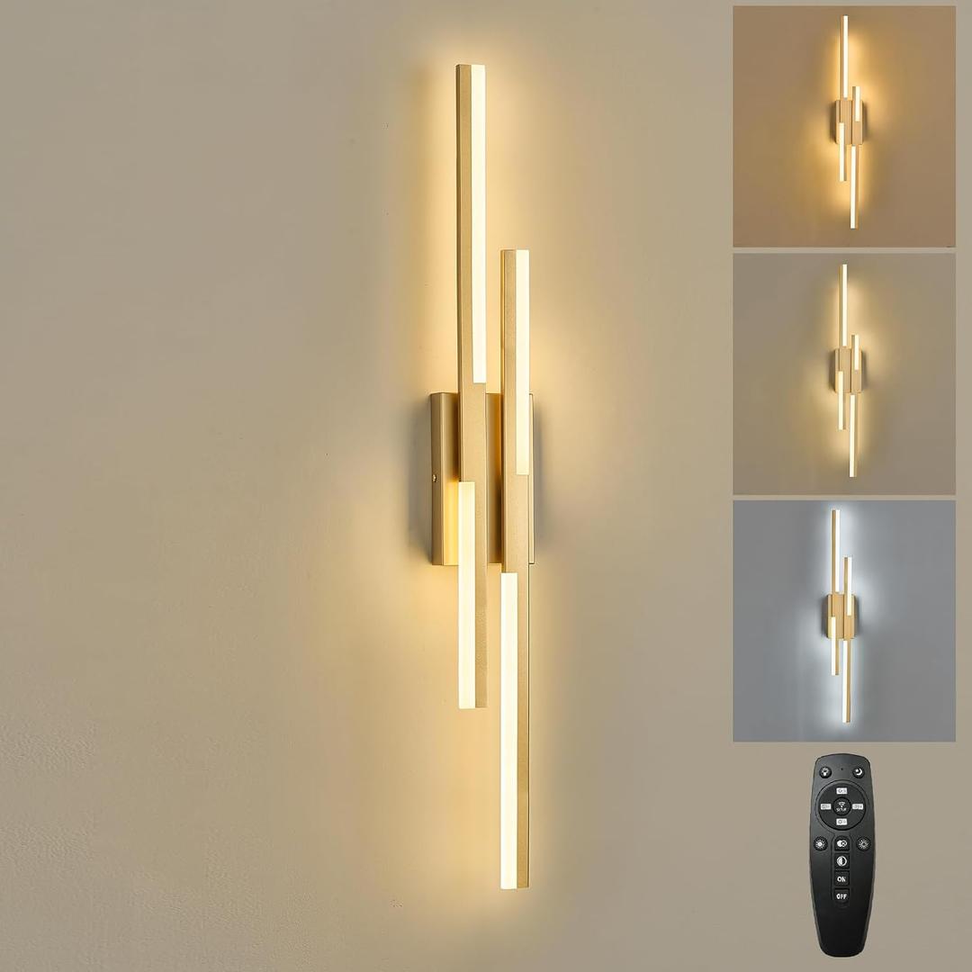 Benkut Modern LED Wall Sconce Gold Remote Wall Light Fixtures for Bathroom, Dimmable Vanity Light Indoor LED Remote Wall Sconce for Living Dining Room Bedside Bedroom (3000-6500K 35.4inch)