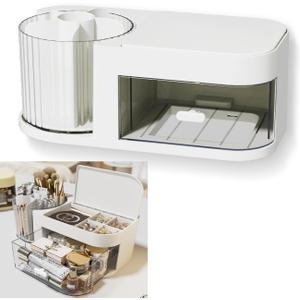 Desk Organizer - 360 Degree Rotating Desk Pencil Holder, desk organizer with 6 compartments and drawers, Art Supplies Organizer for Home (White, Expanded Makeup Organizer)
