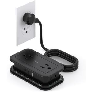 Travel Power Strip with USB Ports, Addtam 4 Outlets 3 USB(2 USB C) with 4FT Wrapped Flat Plug Power Strip, Short Small Extension Cord for Travel Cruise Ship Essentials, Black