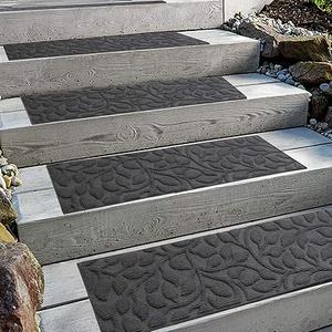 Aucuda Outdoor Stair Treads Non Slip for Elders and Dogs, 6pcs 8.5" x 30" Wooden Steps Runner Rug, Gray Floral Staircase Mat Carpet for Indoor Grip Farmhouse (Grey Leaves)
