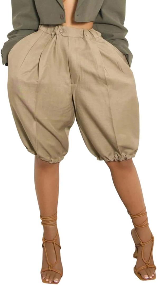 LKOUS Bermuda Shorts for Women Casual Baggy Lightweight Elastic Waist Knee Length Lantern Shorts with Pockets (Beige, M)