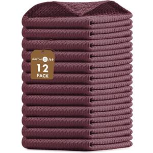Native Fab Waffle 12 Pack Dish Cloths - 100% Cotton, Absorbent, Quick Dry, Washable Towels for Cleaning, Cooking & Drying Dishes - Perfect for Home, Restaurants, Bars, Cafes - 12"x12" - Burgundy