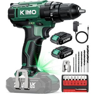 KIMO Cordless Drill Set with 20V 2.0Ah Battery 2 Packs, 0-1350 RPM, Max 350 In-lb Torque, 3/8" Keyless Chuck, 18+2 Clutch Setting, 18pcs Accessories, Power Drill for Drilling Wood Bricks Walls Metal