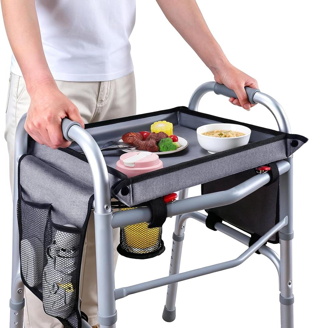 Walker Tray for Folding Walkers with Cup Holder & Side Pocket, Raised Edge & Non-Slip Surface Hard Walker Table for Seniors, Clip-On Tool Free Clip-On Tool Free Walker Accessory for Meals, Reading