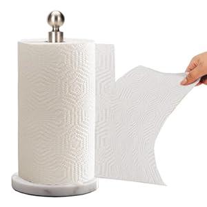 Paper Towel Holder Countertop, Standing Paper Towel Roll Holder for Kitchen Bathroom, with Weighted Base for One-Handed Operation (Marble Base, Brushed Nickel)
