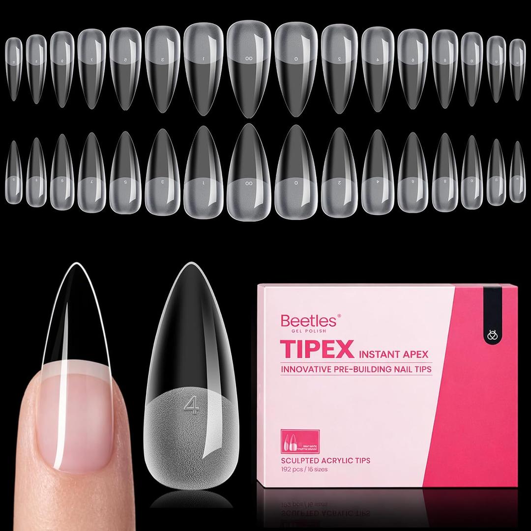 Beetles Tipex Instant Apex Nail Tips, Stiletto Medium, 16 Sizes (0014), 192pcs, Built-In Apex, No Builder Gel Required, Thicker Strong Acrylic Tips for DIY Nail Extensions