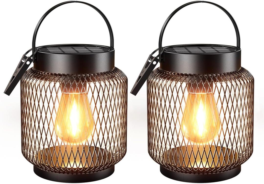 KOOPER Metal Solar Lanterns Outdoor Waterproof, 2 Pack Brighter Hanging Solar Lights for Outside, Up to 15 Hours Modern Hanging Solar Powered Lanterns Lights for Yard Patio Porch Garden Decorative