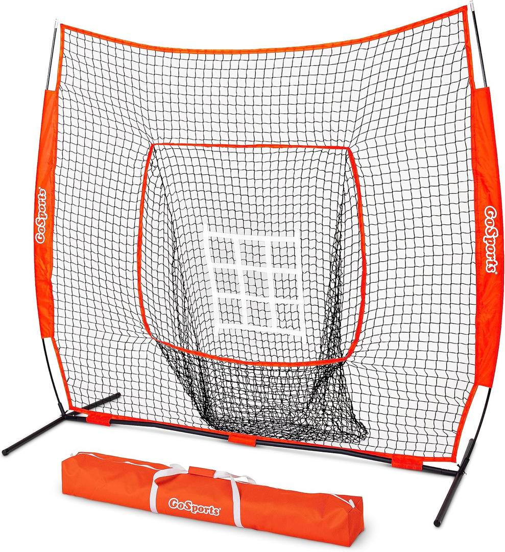 GoSports 7 ft x 7 ft Baseball & Softball Nets - Red, Black, or PRO -Practice Hitting & Pitching Net with Bow Type Frame, Carry Bag and Strike Zone, Great for All Skill Levels (Red)