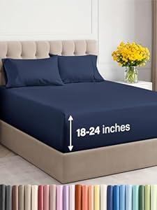 Extra Deep Pocket Split King Sheets - 5 Piece Breathable & Cooling Bed Sheets - Hotel Luxury Bed Sheet Set - Soft, Wrinkle Free & Comfy - Easily Fits Extra Deep Mattresses - Navy Blue Sheets Set