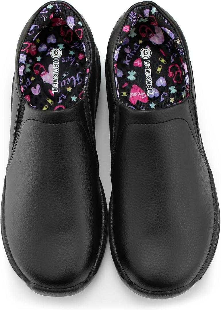 Hawkwell Women's Slip On Lightweight Slip Resistant Comfort Nursing Shoes, Black Heart Synthetic, US 8