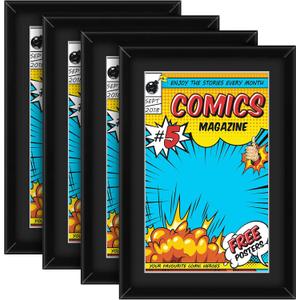 Geetery 4 Pack Comic Book Frame for Wall, UV Protection Comic Picture Magazine Frames Fits Current up to 6 3/4 x 10 1/4, Wall or Tabletop Display with Spring Clips Installed Hangers(Black Mat)