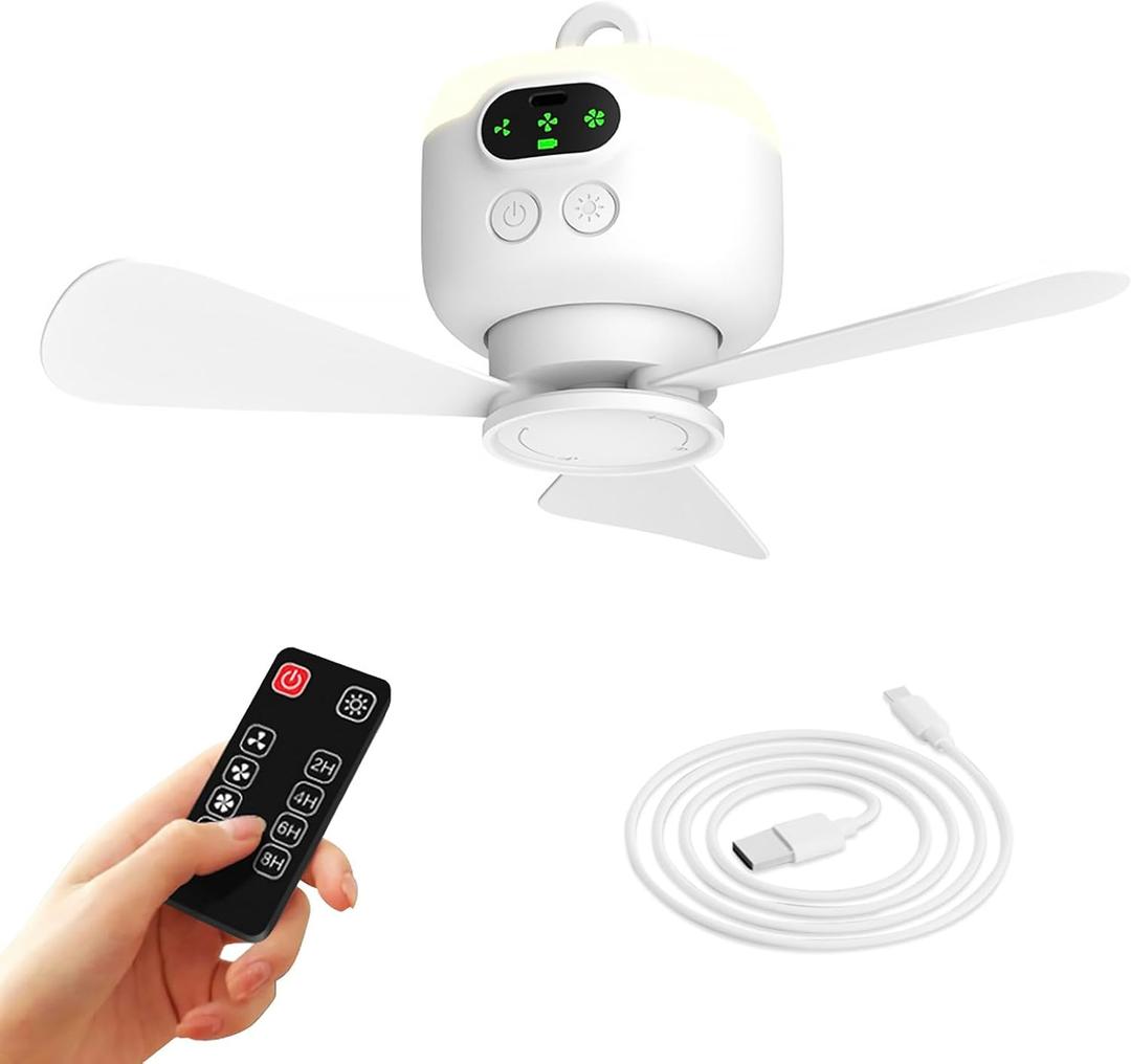 xeamun Portable Camping Fan, 10.6 Inch Tent Ceiling Fan, Rechargeable 8000mAh with Light & Hook, Timable & Auto Shut Off, Detachable Fan Blade, Used for Tent Canopy RV Porch Beach Bedroom