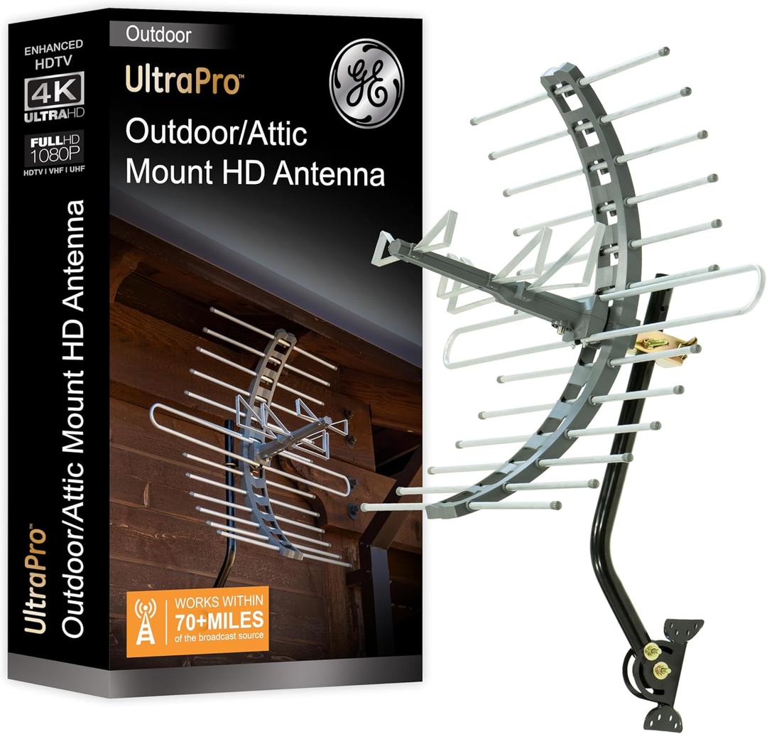 GE Outdoor HD Digital TV Antenna, Long Range Smart TV Antenna, Supports 4K 1080P HD Smart TV VHF UHF, J Mount Included for Attic or Outdoor, Weather Resistant, 29884