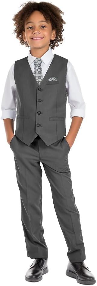 Boys' 6-Piece Formal Slim Fit Suit Set, Vest, Pants, Dress Shirt, Tie, Pocket Square, and Bow Tie (Black, Size 14)