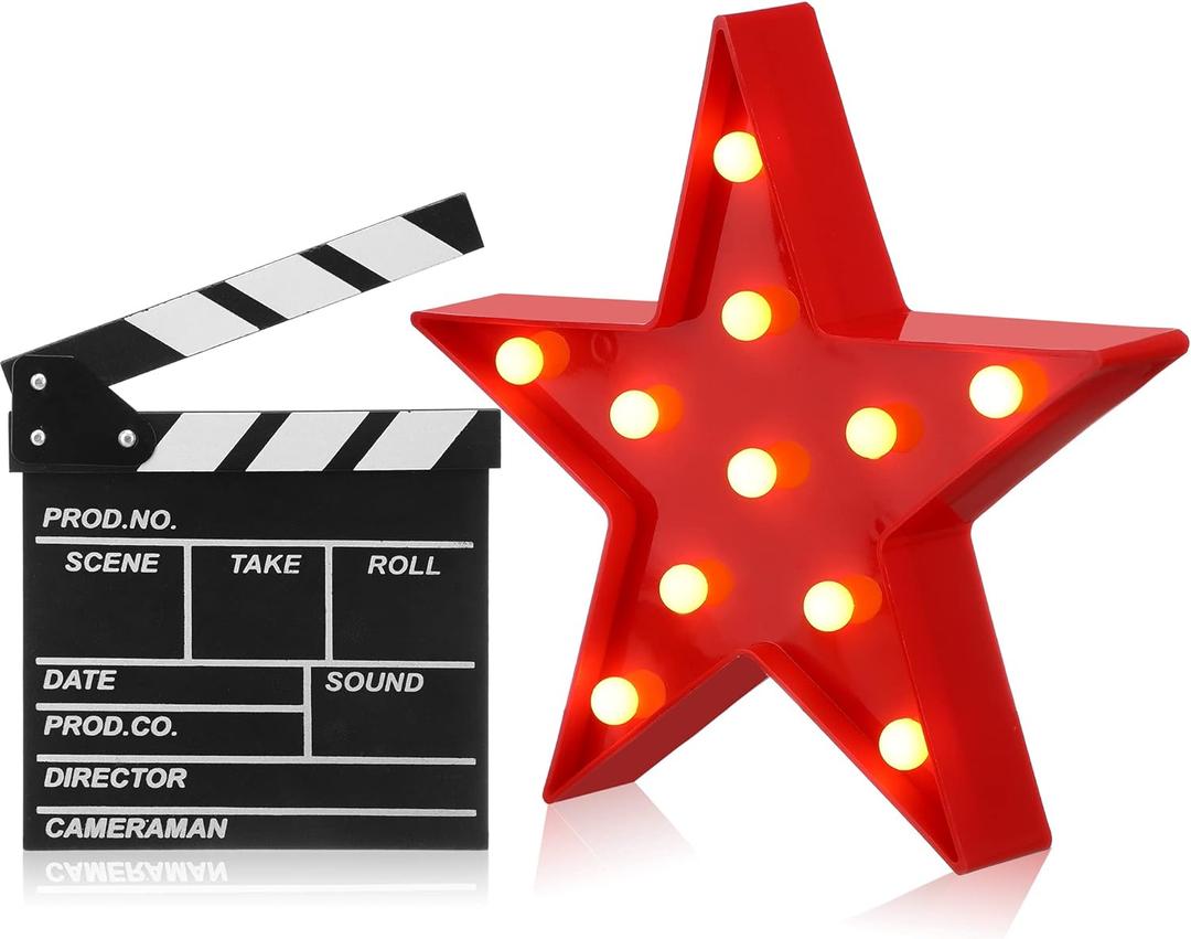 Tuanse 2 Pcs Movie Night Supplies Movie Theater Decor Film Clapper Board Accessory and Marquee Light LED Star Sign Props for Moving Night Decorations Party Supplies