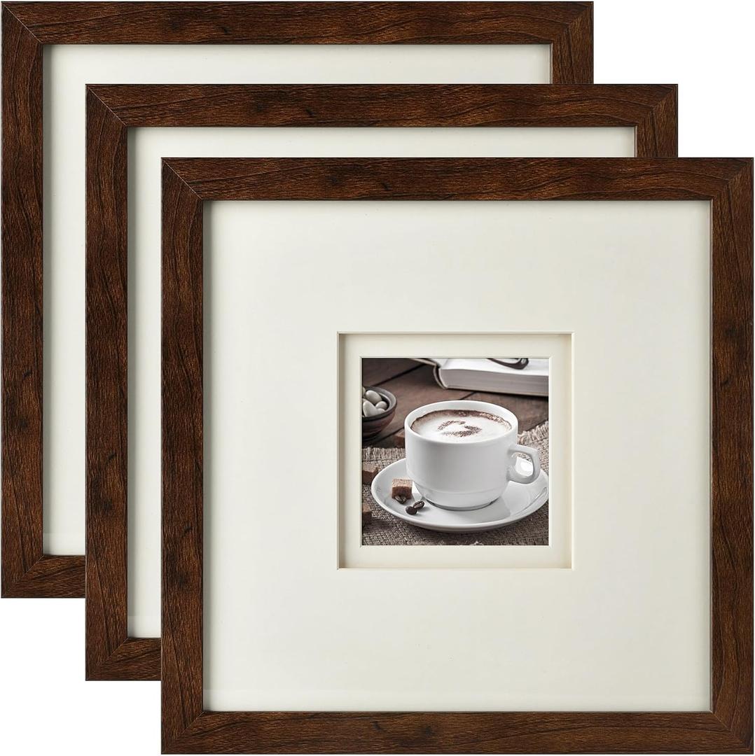 Yaetm 10x10 Square Picture Frame with Double Floating Ivory Mat 4x4, Brown Wood Grain Photo Frame with HD Tempered Glass for Wall Gallery, Home and Office, Wall Mounting, 3 Pack