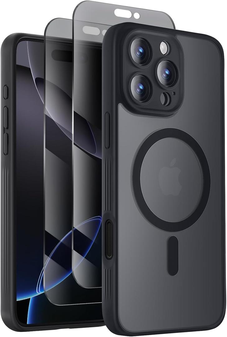 Designed for iPhone 16 Pro Case, Compatible with MagSafe, with Privacy Screen Protectors X2, [Camera Protection] [15FT Military Drop Protection] Shockproof Phone Case, 2024, Black