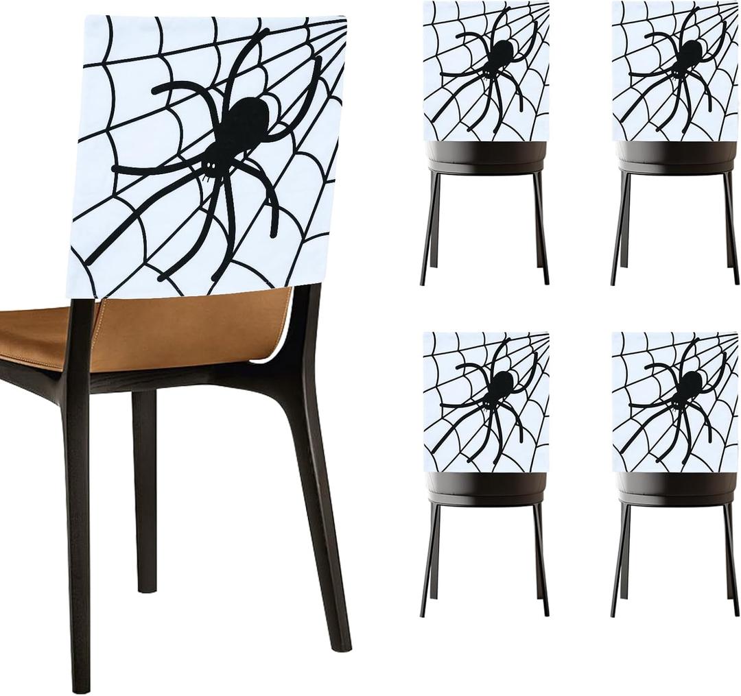 Halloween Chair Covers, Skeleton and Spider Design Chair Back Decor for Party, Halloween Home Decorations, Set of 4