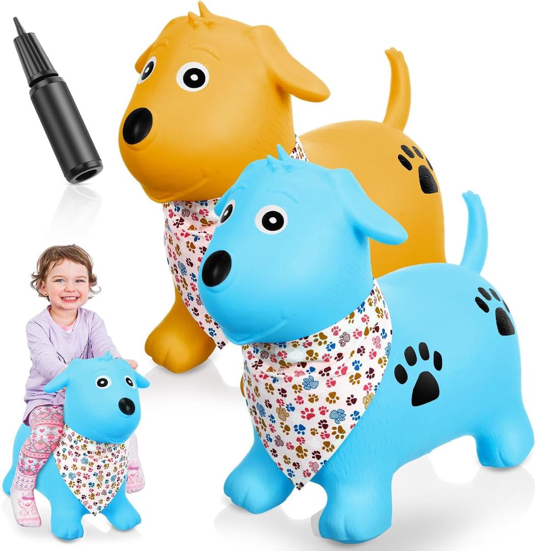 2 Pack Bouncy Animal Dog Hopper Inflatable Bouncing Horse Hopper Toys Jumping Ride on Hopping Bounce with Pump Rubber Bouncing Animal Gift for Boys Girls(Light Blue, Yellow,Lovely Style)