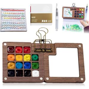 Mini Paint Palette Travel Kit, Mini Watercolor Set, Mini Watercolor Paint Sets, Travel Watercolor Palette Set, Pocket Artist Watercolors Travel Sets, Wooden Grid Paint Box (15 Grids)