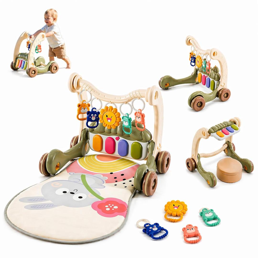 3-in-1 Baby Walker with Tummy Time Mat and Stroller Toys-Sit-to-Stand Walker for Baby Development-Ideal Baby Push Walker and 6-Month-Old Baby Must-Haves-Fun Learning Playtime (Dark Bud Green)