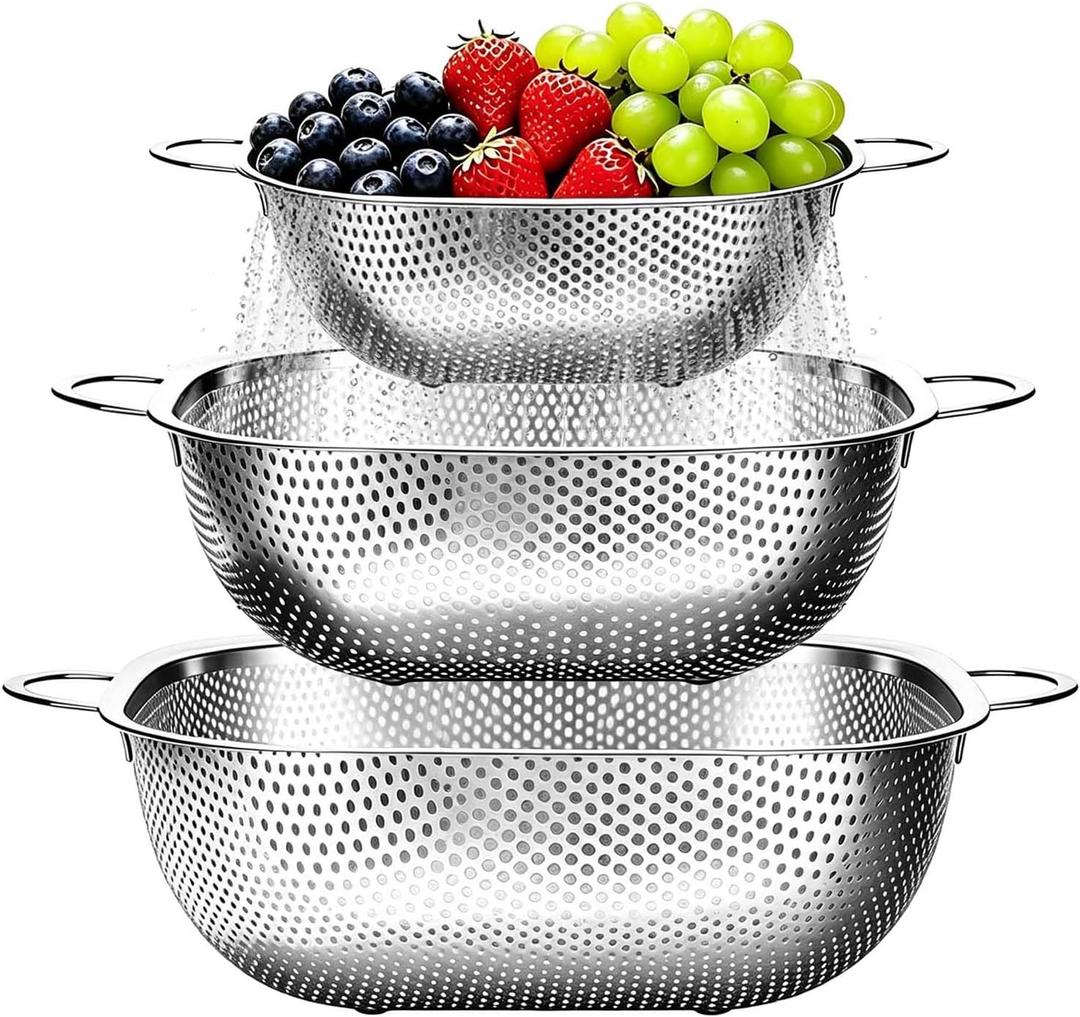 P&P CHEF Stainless Steel Colander Set of 3-2.4/4 / 6 Qt, Square Colanders for Kitchen, Pasta Strainer for Washing Draining Rinsing Spaghetti Fruit Food, Dishwasher Safe & Healthy