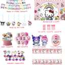 Kawaii Cartoon Theme Birthday Decorations And Party Supplies Include: Birthday Banner, Backdrop, Hanging Swirls, Balloons, Cupcake Toppers, Tablecloth.