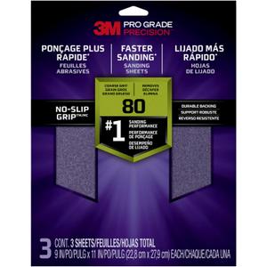 3M Pro Grade No-Slip Grip Sandpaper, 80 Grit  Durable C-Weight Backing, Anti-Clog Coating, 9 x 11 Inch Sheets (3-Pack)